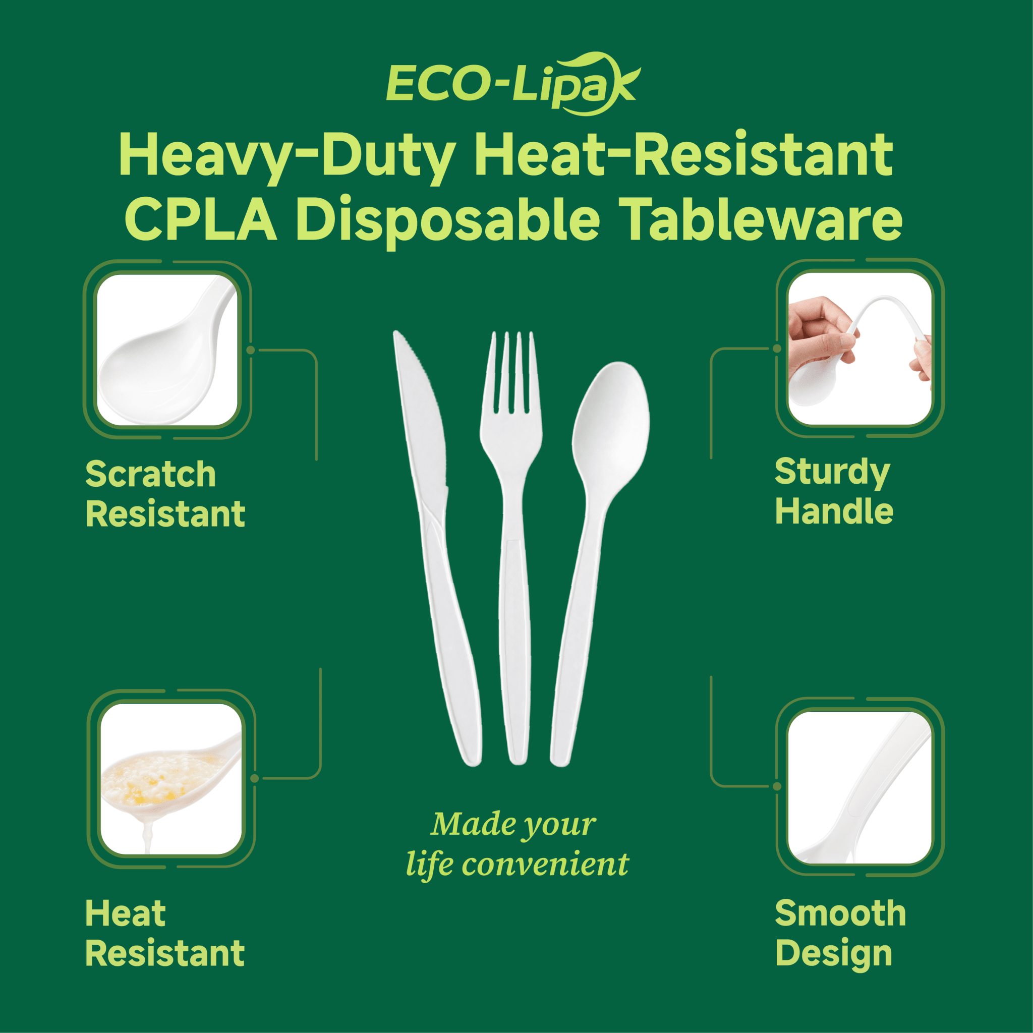 Heavy - Duty Heat - Resistant CPLA Fork, Knife & Spoon Compostable Cutlery｜BPA - Free, Non - toxic - ECO - Lipak