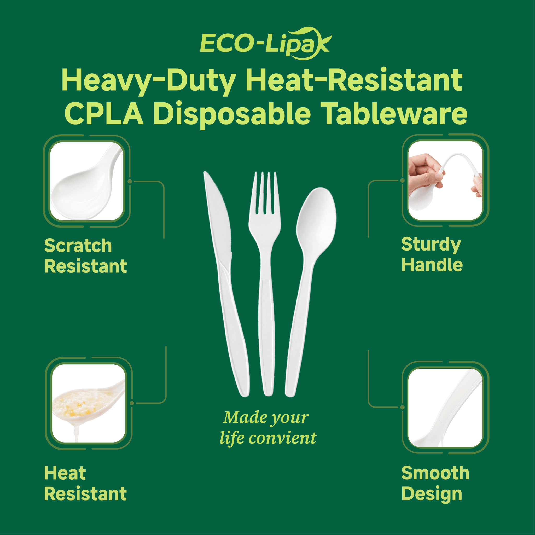Heavy - Duty Heat - Resistant CPLA Fork, Knife & Spoon Compostable Cutlery｜BPA - Free, Non - toxic - ECO - Lipak