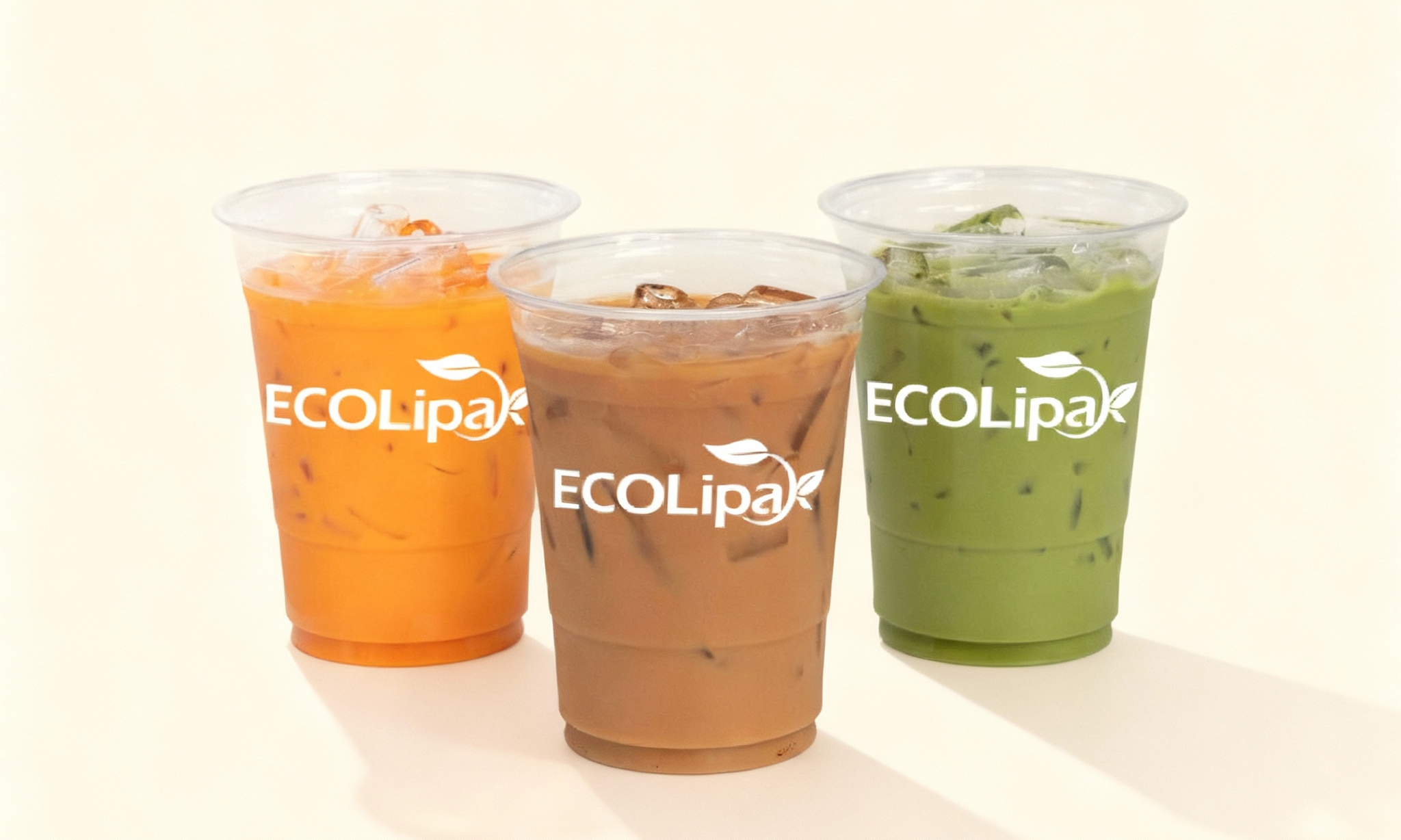 Three iced drinks: Thai tea, coffee, and matcha, in clear cups with the "ECOLipa" logo.