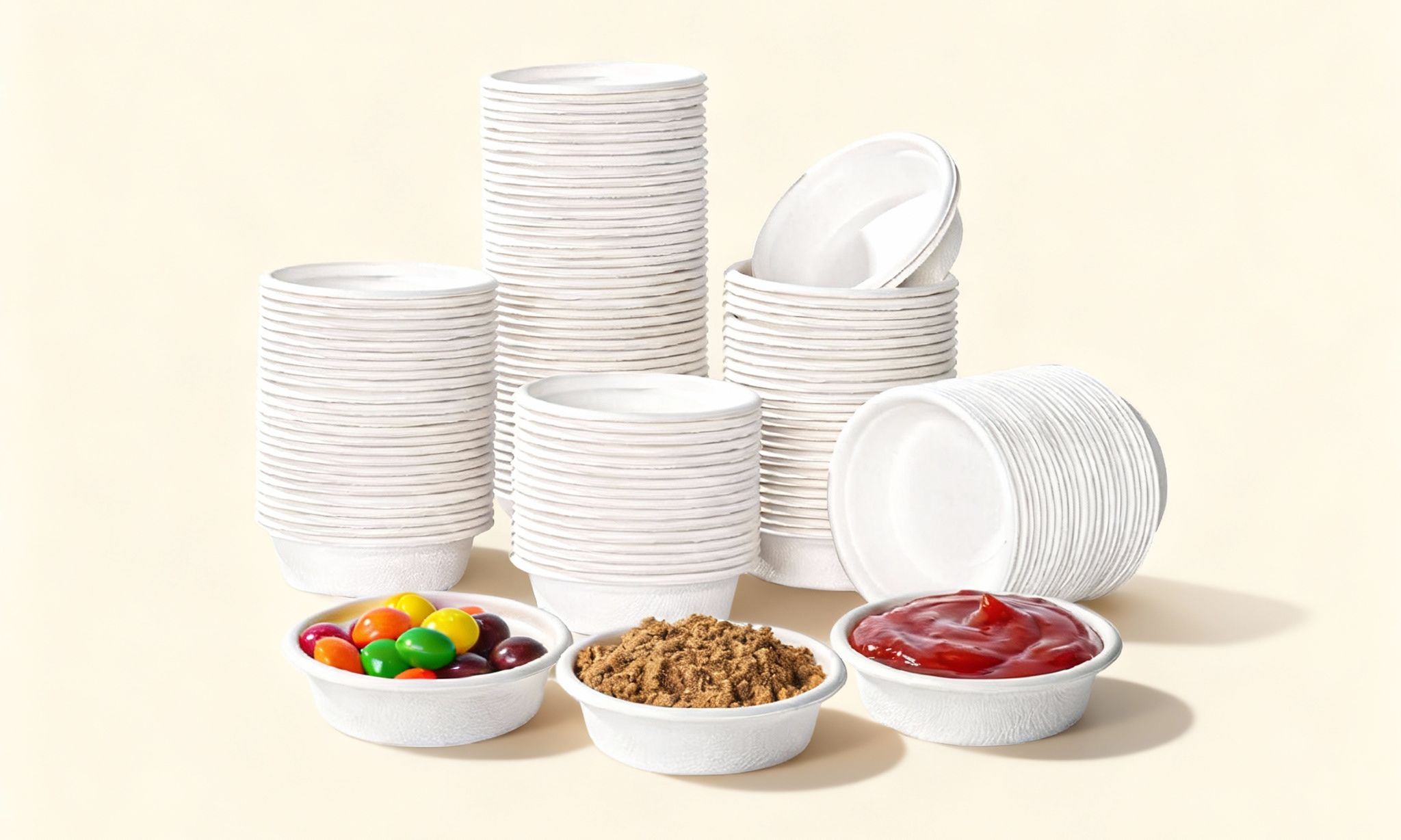 Stacks of white disposable bowls with Skittles, ground meat, and ketchup in bowls in front.