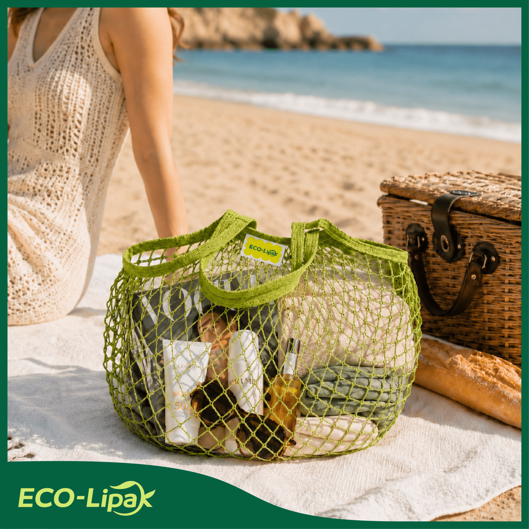 Mesh Grocery Bag Reusable Cotton Shopping Tote with Long Handles for Daily Outing, Shopping & Beach - ECO-Lipak