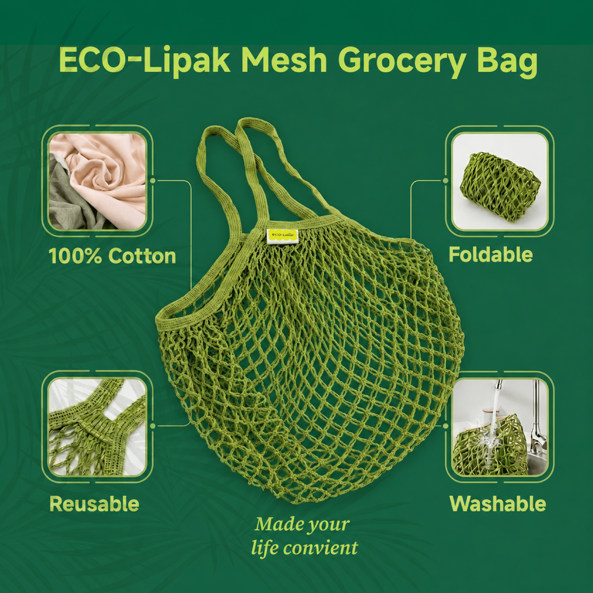 Mesh Grocery Bag Reusable Cotton Shopping Tote with Long Handles for Daily Outing, Shopping & Beach - ECO-Lipak
