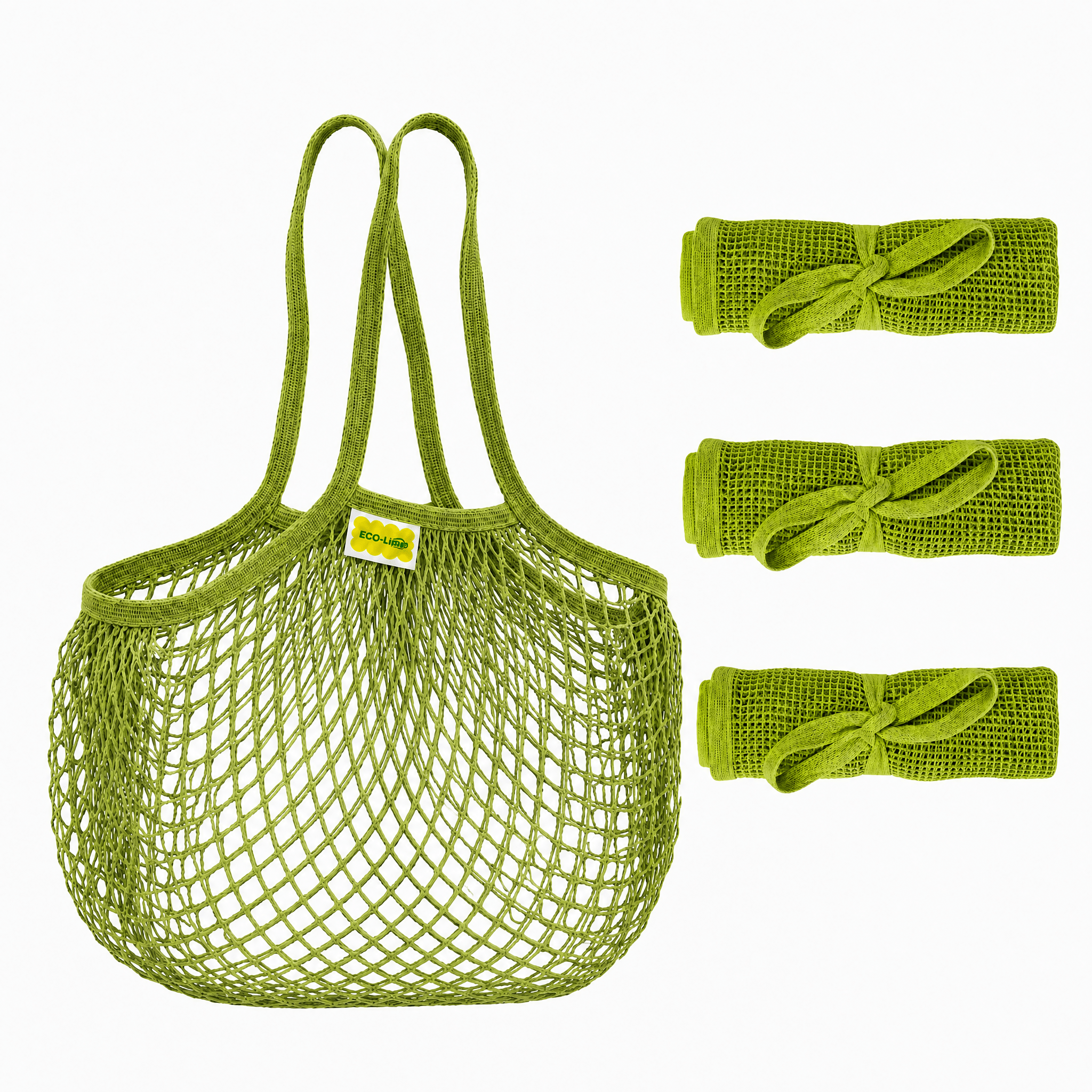 Mesh Grocery Bag Reusable Cotton Shopping Tote with Long Handles for Daily Outing, Shopping & Beach - ECO-Lipak