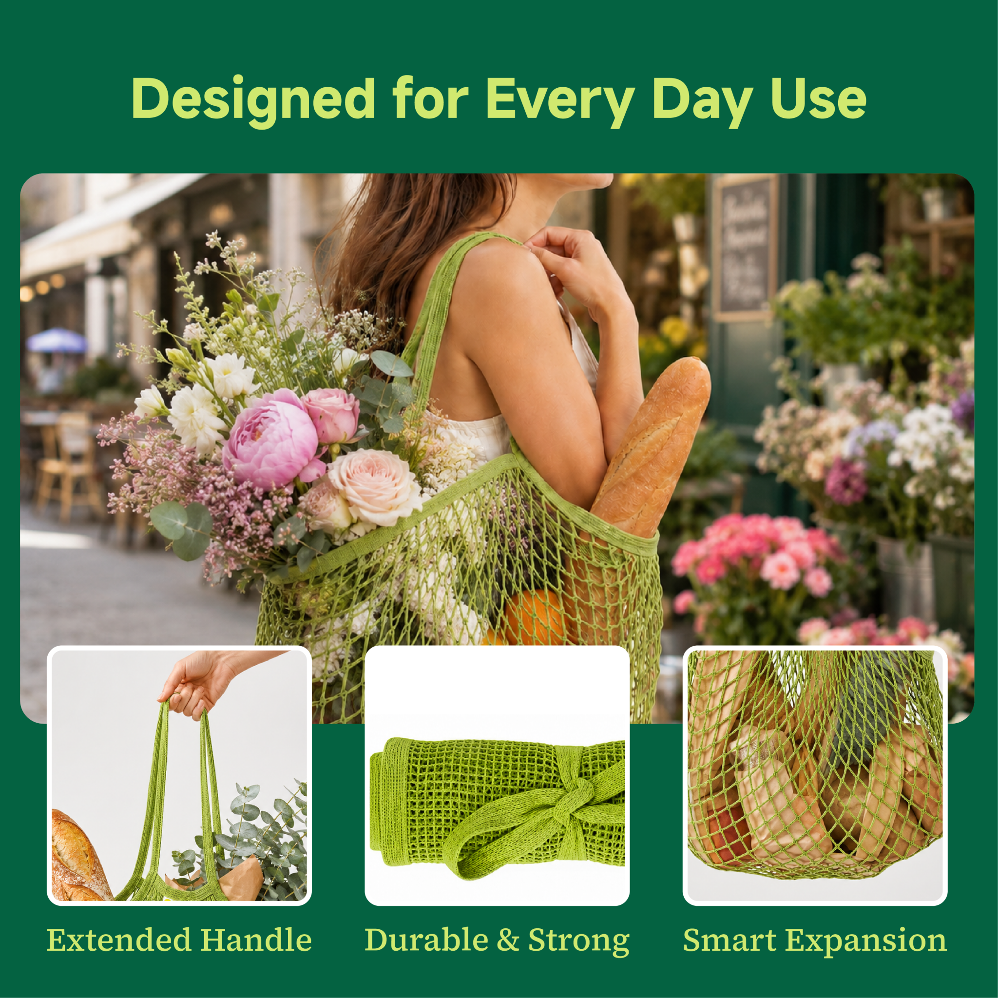 Mesh Grocery Bag Reusable Cotton Shopping Tote with Long Handles for Daily Outing, Shopping & Beach - ECO-Lipak