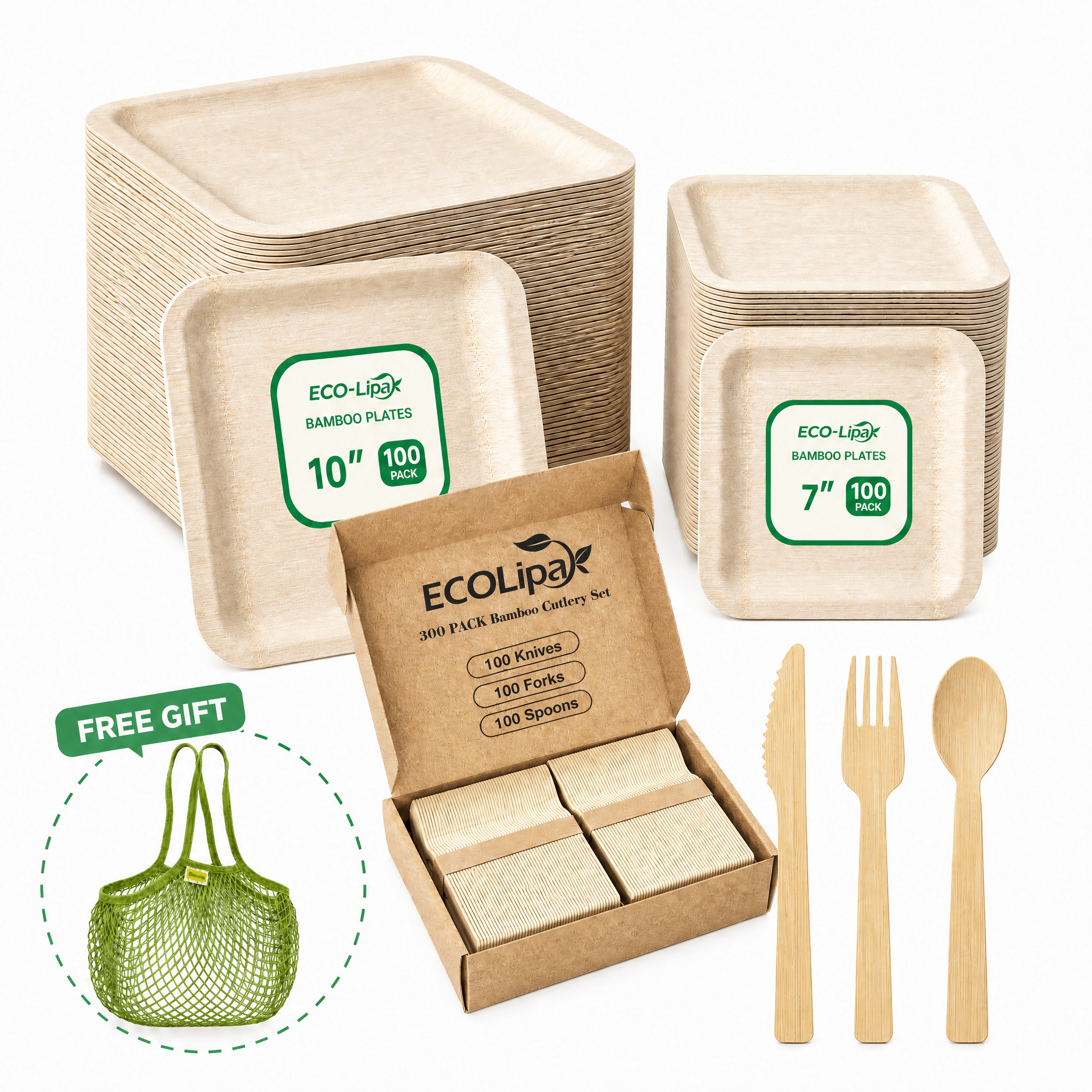 Premium Bamboo Dinner & Dessert Tableware Set for Events & Celebrations | Complimentary Mesh Bag Gift - ECO-Lipak