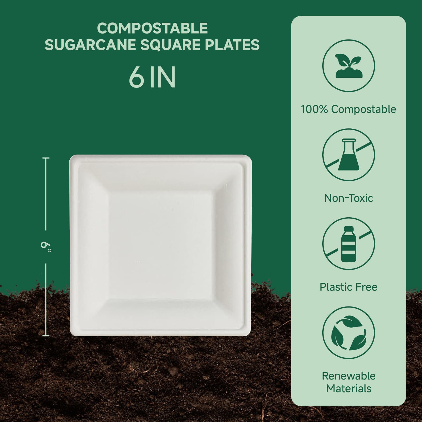 Square Heavy - Duty Compostable Plates｜BPA - Free, Cut - Resistant - ECOlipak