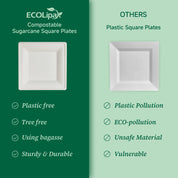 Square Heavy - Duty Compostable Plates｜BPA - Free, Cut - Resistant - ECOlipak