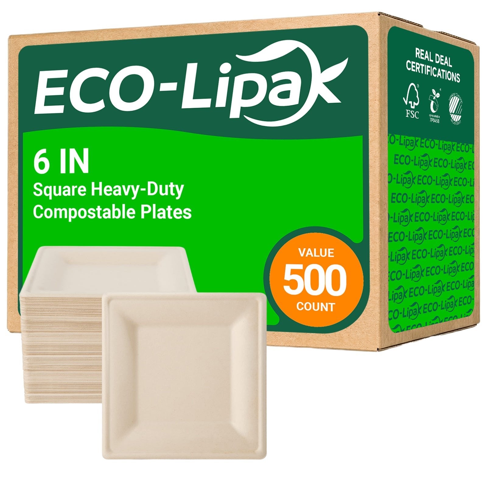 Square Heavy - Duty Compostable Plates｜BPA - Free, Cut - Resistant - ECOlipak