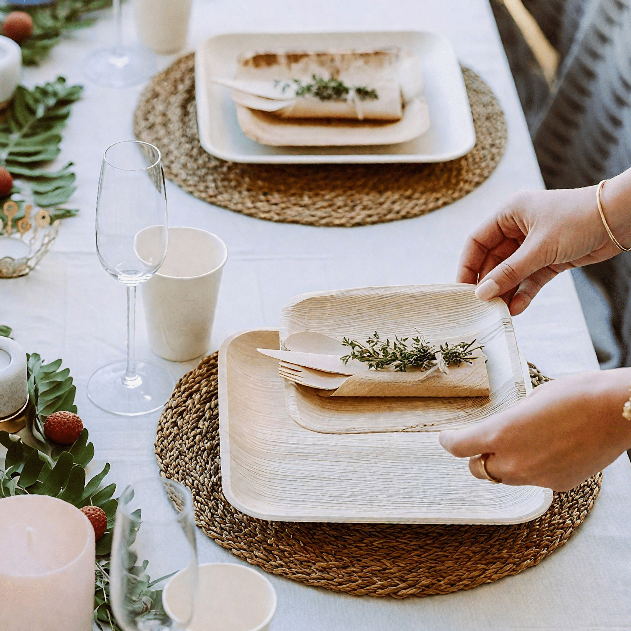 Square Leak - Proof Palm Leaf Compostable Plates & Cutlery Sets｜Food Grade, BPA - Free - ECOlipak