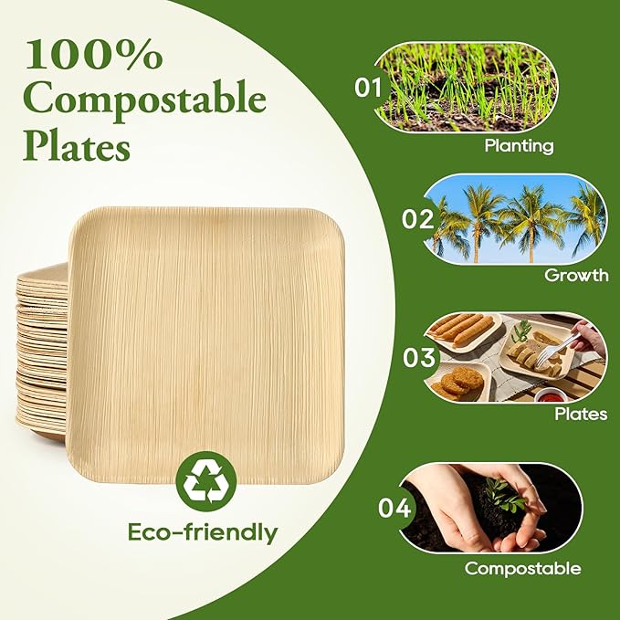 Square Leak - Proof Palm Leaf Compostable Plates & Cutlery Sets｜Food Grade, BPA - Free - ECOlipak