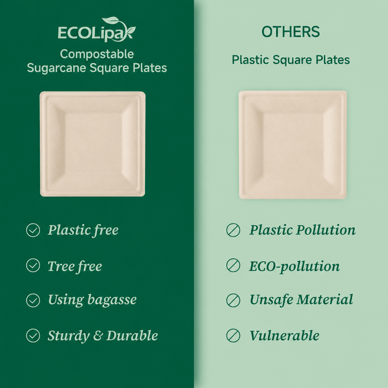 Wholesale Natural Square Compostable Sugarcane Plates – 6 in / 10 in | 1,000/Carton - ECO-Lipak
